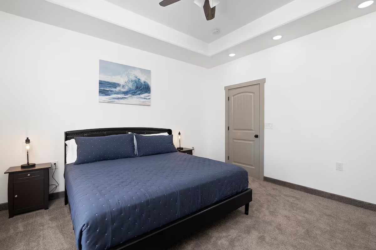 Master bedroom with navy bedding